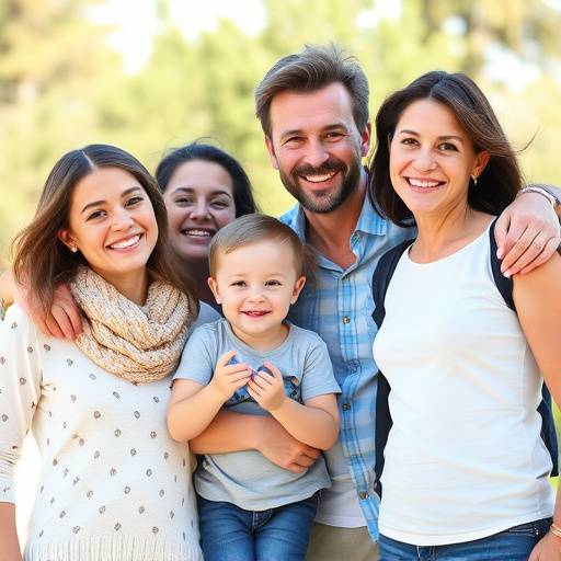 A happy family posing together outdoors during a photoshoot.