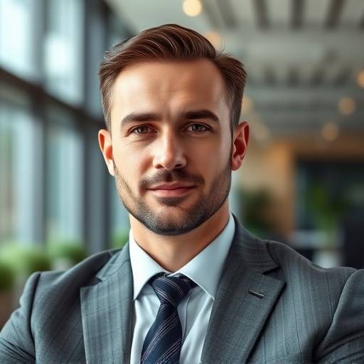 A professional headshot of a businessman in a modern office setting