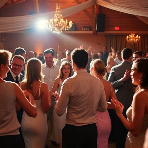 Candid photograph of a wedding reception with people dancing and celebrating