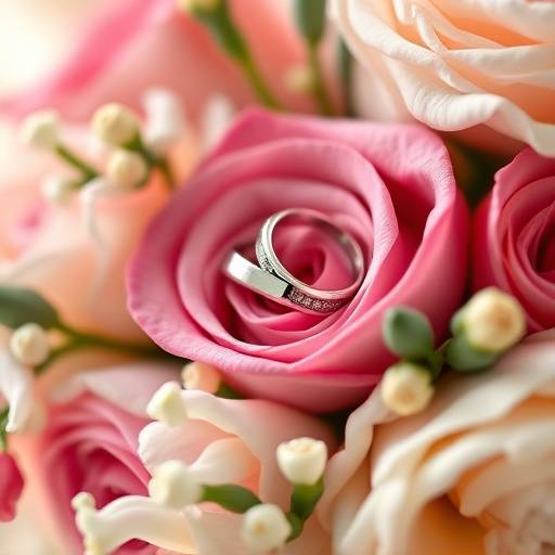 Close-up photo of wedding rings on a flower bouquet